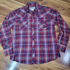 Wrangler Wrancher Pearl Snap Madras Plaid Long Sleeve Men Large Red Blue Western